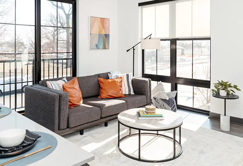 Apartment living room with couch and coffee table